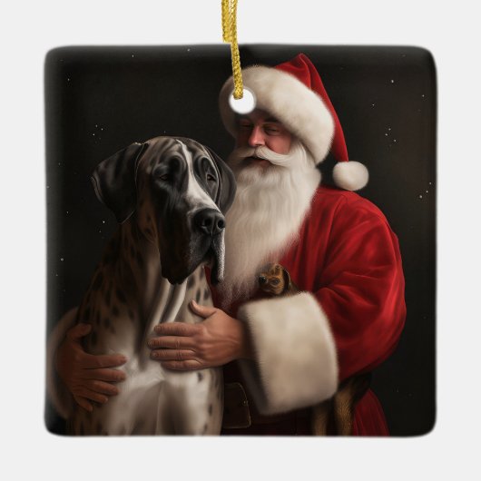 グレートダーネウィズサンタクロースフェスティバルクリスマス セラミックオーナメント (正面)