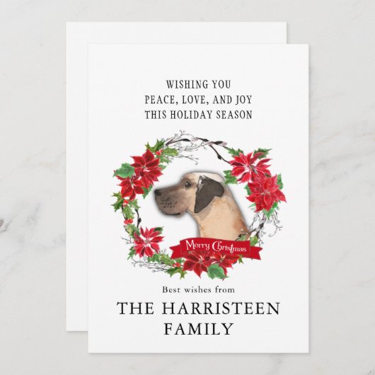 グレートダーンタンウォーターカラーポインセティシアクリスマス シーズンカード (正面/裏面)