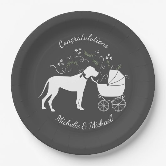 グレートダーンドッグベビーシャワーパピーグレー ペーパープレート (正面)