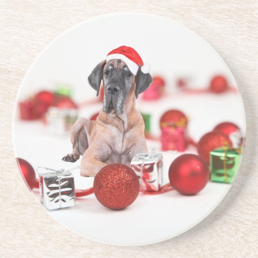 グレートデン犬とクリスマスオーナメントのギフト コースター (正面)