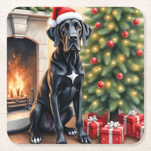 グレートデーンのクリスマス スクエアペーパーコースター (正面)
