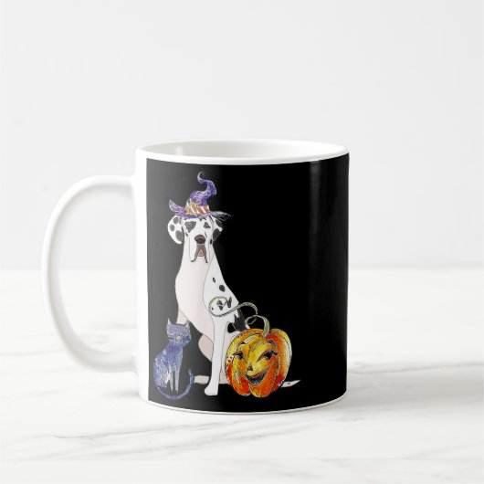 グレートデーンのハロウィン犬ハーレクイン コーヒーマグカップ (左)