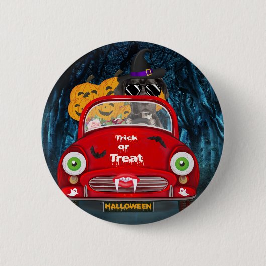 グレートデーンのハロウィン運転中車両 缶バッジ (正面)