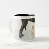 グレートデーンの下に坐っている猫 ツートーンマグカップ (正面左)