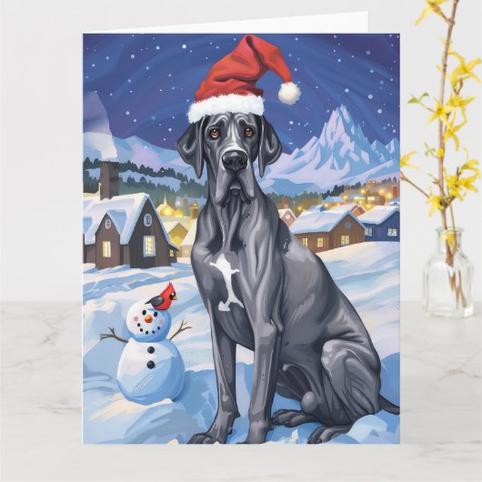 グレートデーンの冬の国のクリスマス カード (黄色い花)