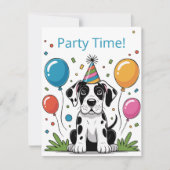 グレートデーンの子犬の子供の誕生日パーティーの招待状 出欠カード (正面)