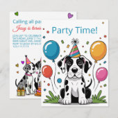 グレートデーンの子犬の子供の誕生日パーティーの招待状 出欠カード (正面/裏面)
