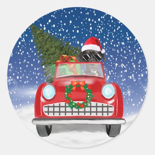 グレートデーンの犬が雪の中で車を運転するクリスマス ラウンドシール (正面)