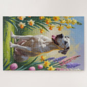 グレートデーンの犬 春の花の絵 ジグソーパズル (横)