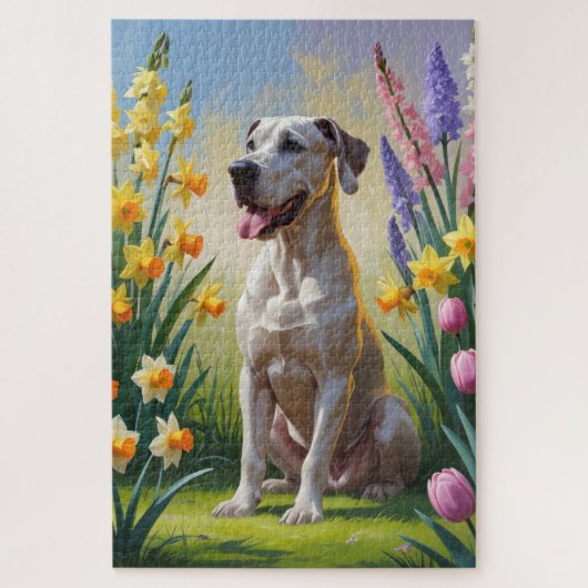 グレートデーンの犬 春の花の絵 ジグソーパズル (縦)