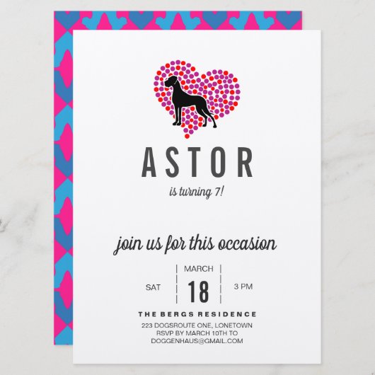 グレートデーンの誕生日パーティーへの招待 招待状 (正面/裏面)