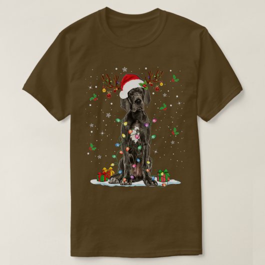 グレートデーンクリスマスサンタハットフェアリーライトパジャマ Tシャツ (デザイン正面)