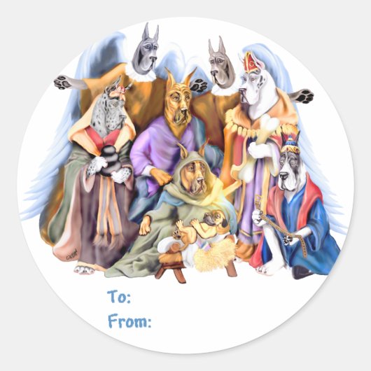 グレートデーンクリスマス出生ギフトラベル ラウンドシール (正面)