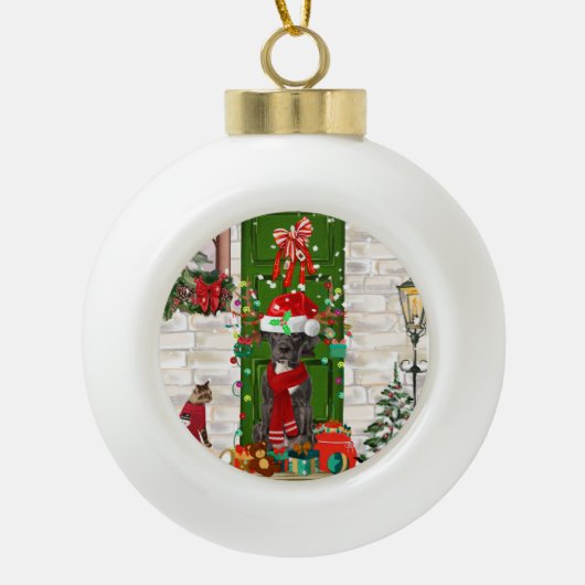 グレートデーンドッグクリスマス セラミックボールオーナメント (正面)