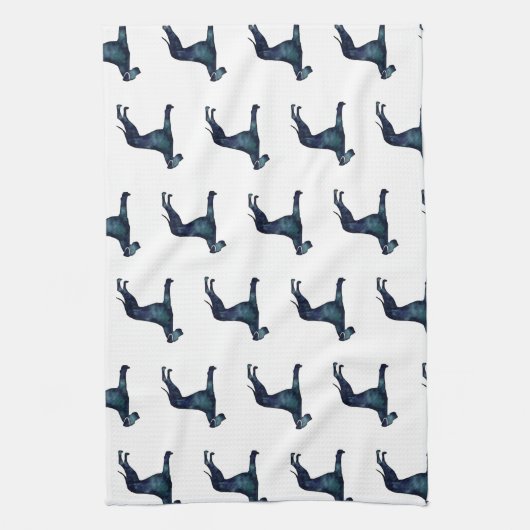 グレートデーンドッグブラックウォーターカラーシルエット キッチンタオル (縦)