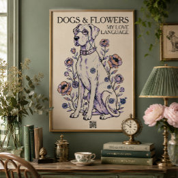 グレートデーン・アートプリント 犬と花 ポスター
