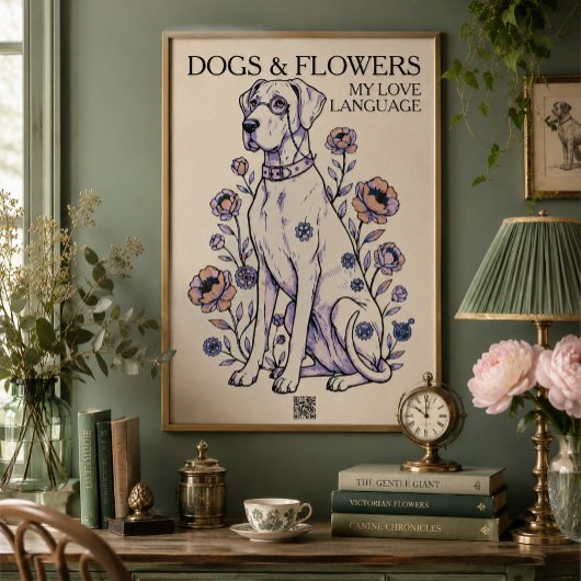 グレートデーン・アートプリント 犬と花 ポスター