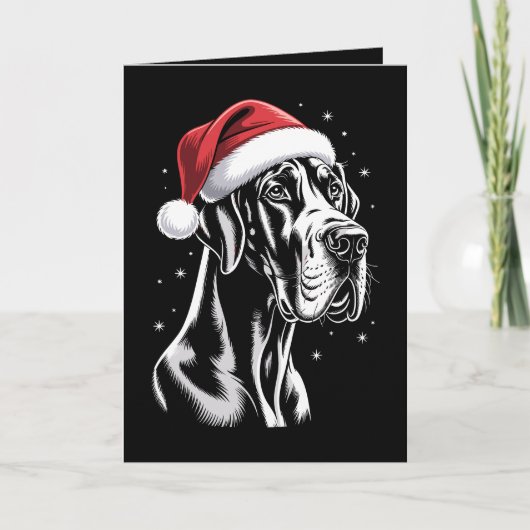 グレートデーン サンタ帽子 黒 白 クリスマス スノー カード (正面)