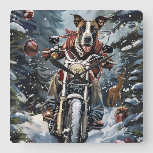 グレートデーン 犬 バイク クリスマス スクエア壁時計 (正面)