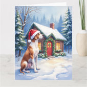 グレートデーン 雪の山小屋 サンタ帽子 クリスマスアート カード (正面)