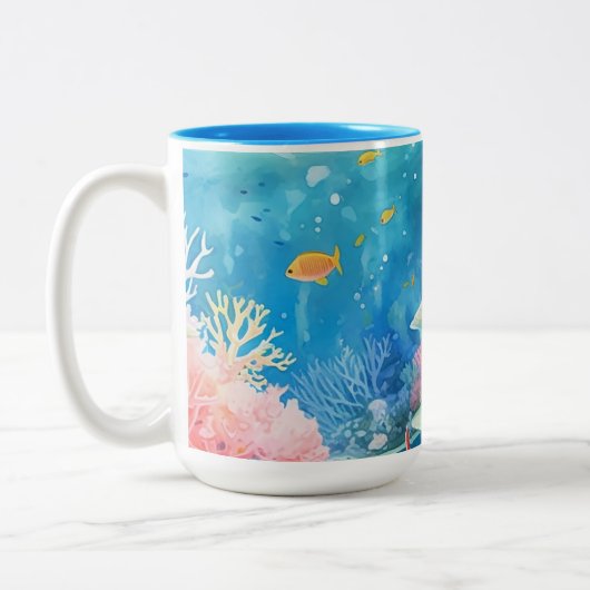グレートバリアリーフの水彩画 ツートーンマグカップ (左)