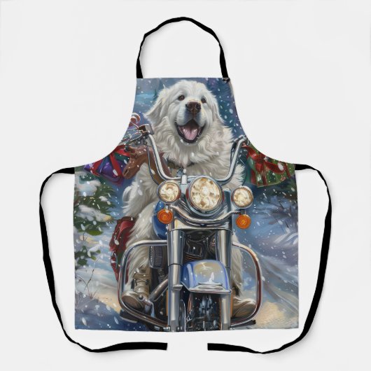 グレートピレニーズの犬がバイクに乗るクリスマス エプロン (正面)