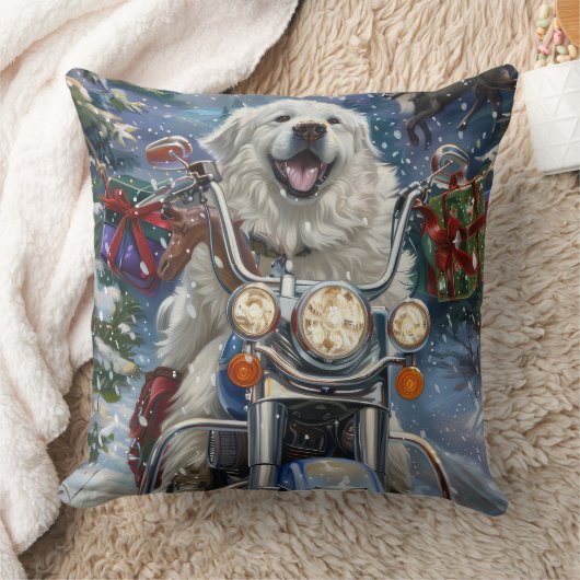グレートピレニーズの犬がバイクに乗るクリスマス クッション (ブランケット)