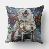 グレートピレニーズの犬がバイクに乗るクリスマス クッション (正面)