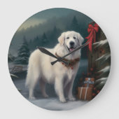 グレートピレニーズの犬と雪のクリスマス ラージ壁時計 (正面)