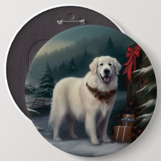 グレートピレニーズの犬と雪のクリスマス 缶バッジ (正面&裏面)