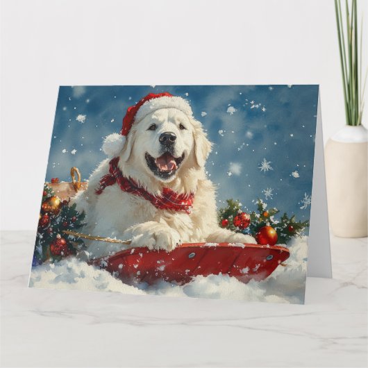 グレートピレネー犬のそり Christmas 雪を降らせて カード (正面)