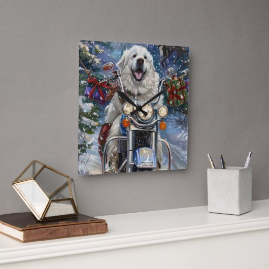 グレートピレネー犬のバイク乗りクリスマス スクエア壁時計 (オフィス)