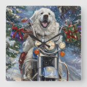 グレートピレネー犬のバイク乗りクリスマス スクエア壁時計 (正面)