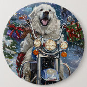 グレートピレネー犬 バイクに乗る クリスマス 缶バッジ (正面)