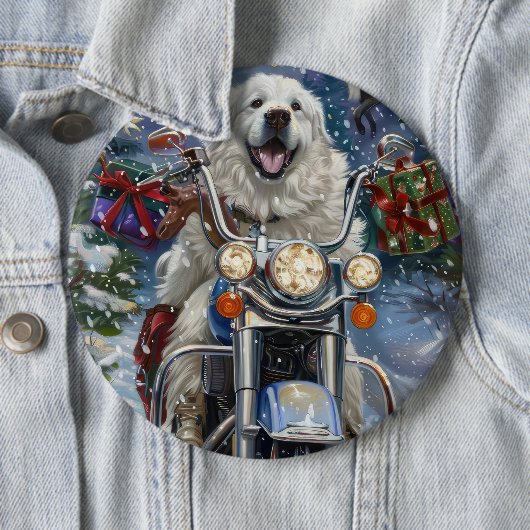 グレートピレネー犬 バイクに乗る クリスマス 缶バッジ (インサイチュ)