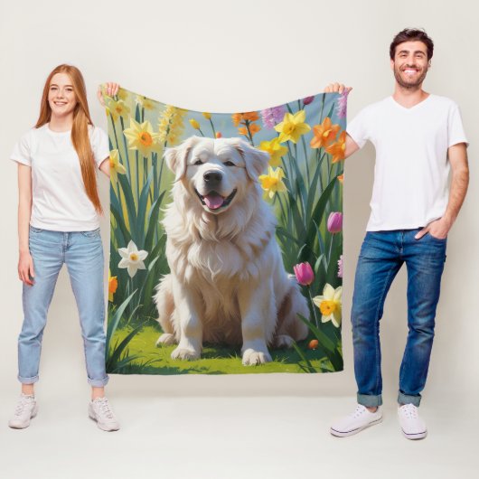グレートピレネー犬 春の花の絵 フリースブランケット (インサイチュ)