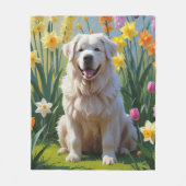 グレートピレネー犬 春の花の絵 フリースブランケット (正面)