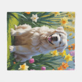 グレートピレネー犬 春の花の絵 フリースブランケット (正面(横))