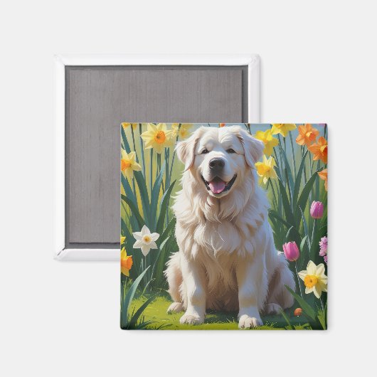 グレートピレネー犬 春の花の絵 マグネット (正面/裏面)