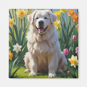グレートピレネー犬 春の花の絵 マグネット (正面)