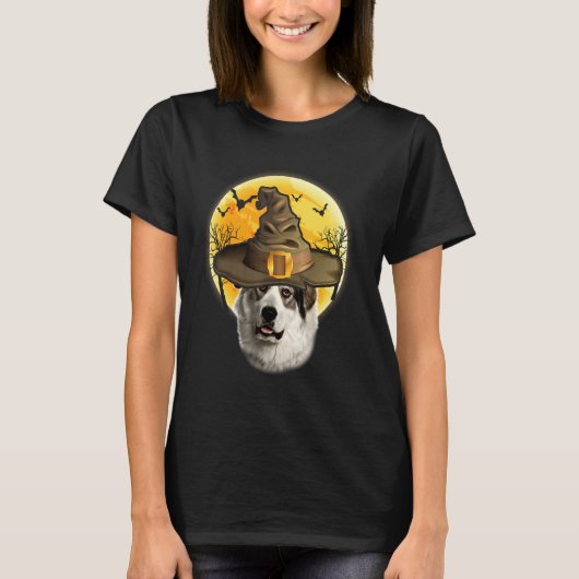 グレートピレネー+月付き魔女帽子ハロウィン犬 Tシャツ (正面)