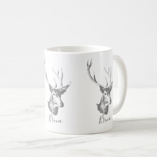 グレートーンディアヘッドヴィンテージイラストレーション コーヒーマグカップ (正面右)