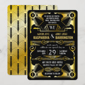 グレート・ギャツビー オーナメント ゴールド & ブラック アートデコ ウェディング 招待状 (正面/裏面)