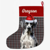 グレート・ダン・ドッグの名前グレーレッド・プレイドパーソナライズされた ラージクリスマスストッキング (裏面)
