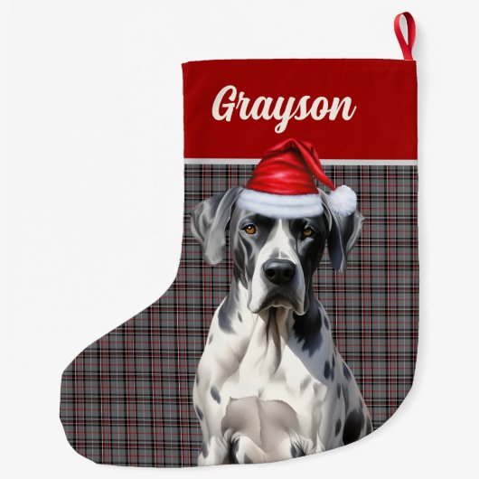 グレート・ダン・ドッグの名前グレーレッド・プレイドパーソナライズされた ラージクリスマスストッキング (裏面)