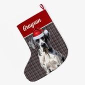 グレート・ダン・ドッグの名前グレーレッド・プレイドパーソナライズされた ラージクリスマスストッキング (裏面 (吊り時))
