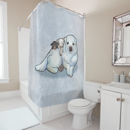 グレート・ピレニーズおよび子ヒツジ シャワーカーテン (インサイチュ)