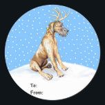 グレートDaneトナカイChristmas Brindle UCギフトラベル ラウンドシール<br><div class="desc">〔雄ジカの〕枝角と赤い鈴の襟を着たドーン・ディアーは救済、クリスマスの季節にクリスマスの精神に入る準備ができてお気に入りのいる。</div>