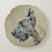 グレートDane (Brindle)'絵画s -オリジナルドッグアート ラウンドクッション (正面)