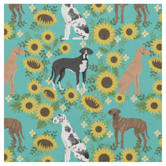 グレートDane dogsひまわりの花ターコイズ ファブリック (クローズアップ)
